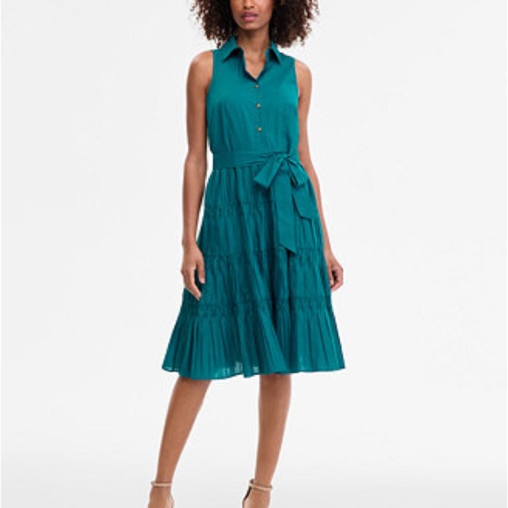 Anne Klein 
Petite Cotton Belted Pleated Tiered Shirtdress